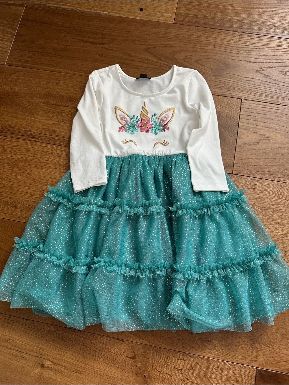 Zunie White Top Teal Layered Unicorn Tulle Dress